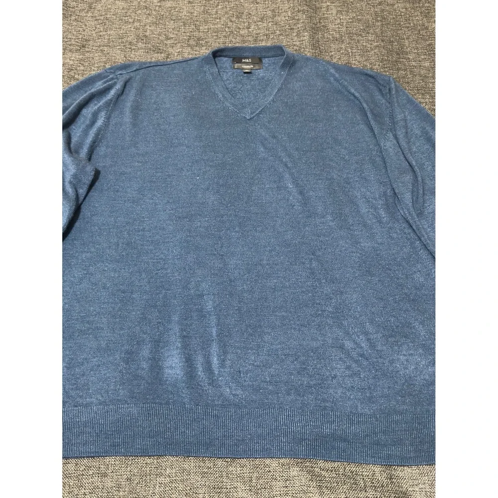 M&S Mens 3XL V-Neck Sweater Cashmilon Blue Denim Long Sleeve